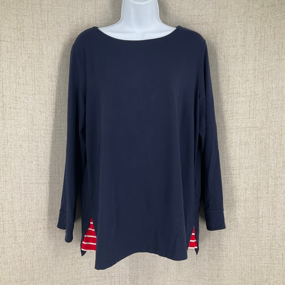 Susan Graver Weekend Tunic Womens L Navy Striped Slit Back Button‎ Nautical